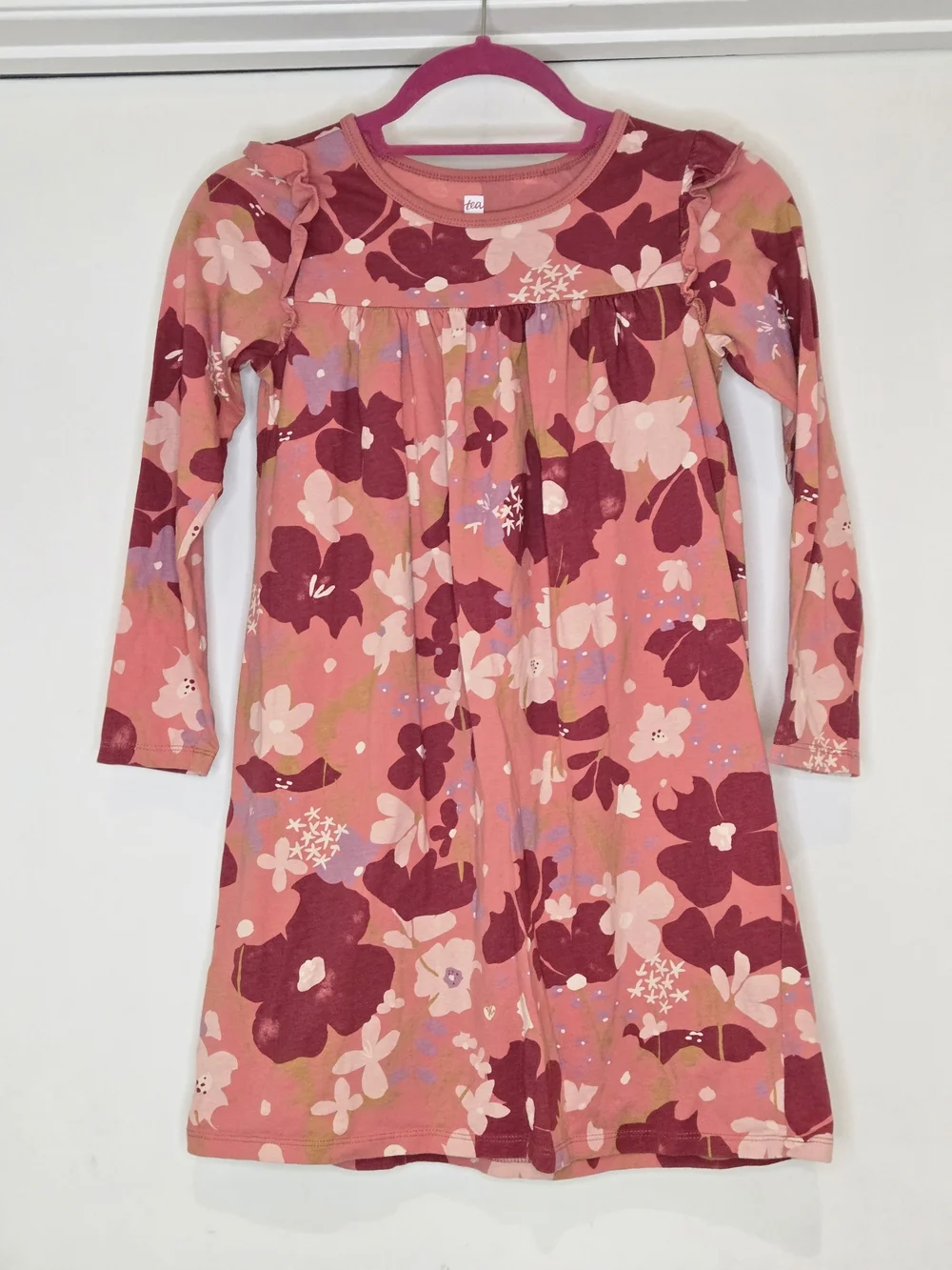 Tea Collectio. Girls Long Sleeve Floral Dress - Pink & Burgundy